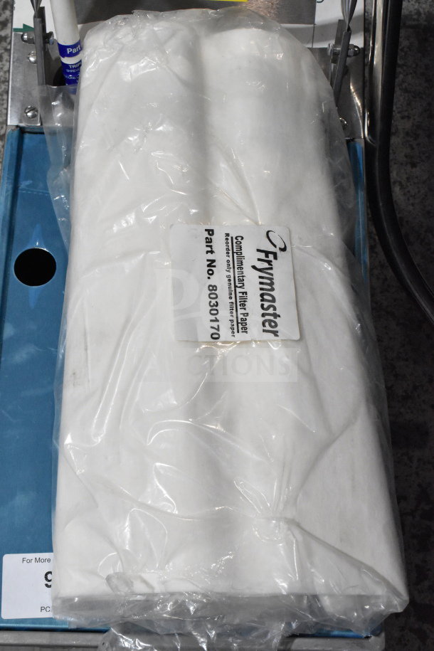 Frymaster PF50 portable fryer oil filter on commercial casters, includes filter paper labeled Part No. 8030170.