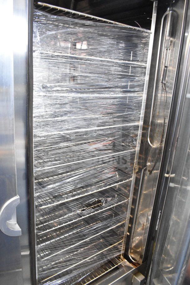 2016 Convotherm OGB-20.20 commercial gas combi oven with roll-in rack, 265,500 BTU, stainless steel, pristine condition.