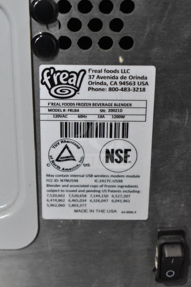 F'real FRLB4 commercial milkshake mixer, 115 volts, tested, screen non-functional. Metal design with manufacturer label visible.