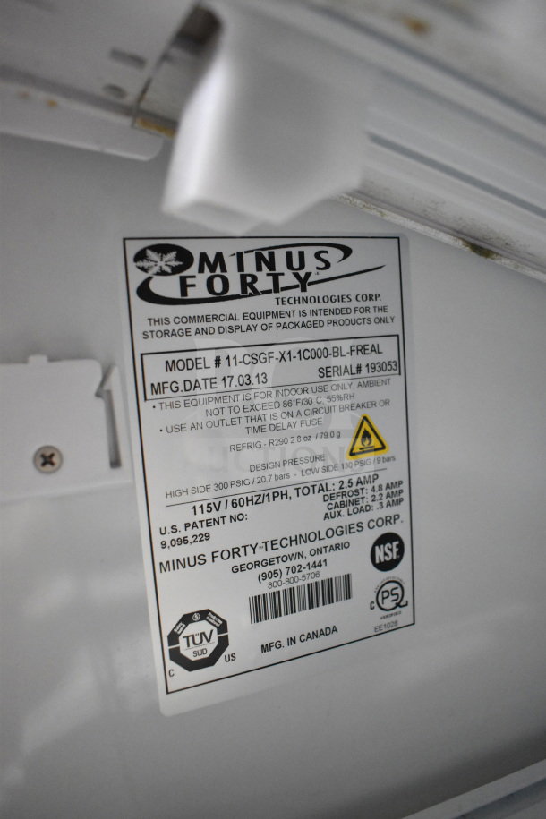 Minus Forty Mini Cooler Merchandiser, Model 11-CSGF-X1-1C000-BL-FREAL, features identification label, 115V, 1 Phase.