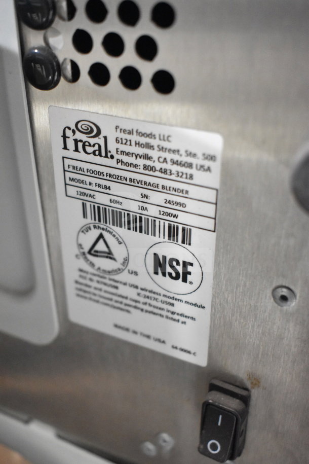 F'real FRLB4 metal countertop milkshake mixer. Label shows model, serial number, 120V, NSF certification. Tested, working.