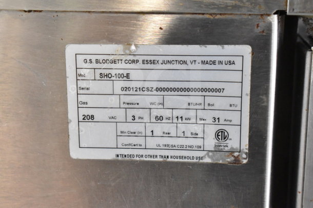 2021 Blodgett SHO-100-E convection oven label; 208 volts, 3 phase, ETL certified, made in USA, serial 020121CSZ.