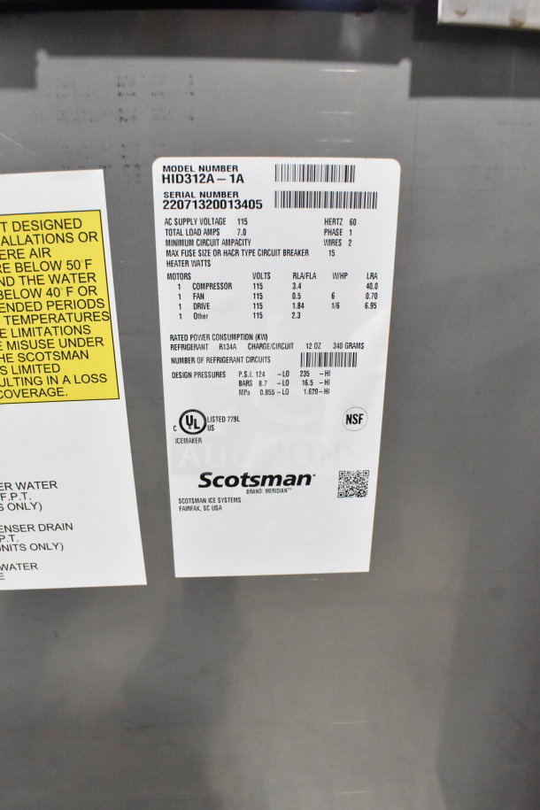 2022 Scotsman HID312A-1A commercial ice machine label showcasing model, specs, and certifications. 115V, 12 lb bin.