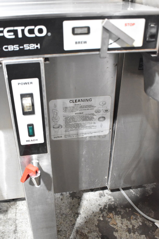 Fetco CBS-52H15 commercial coffee machine, dual brew, 120/208-240V, 1 Phase, with power switch and cleaning instructions.
