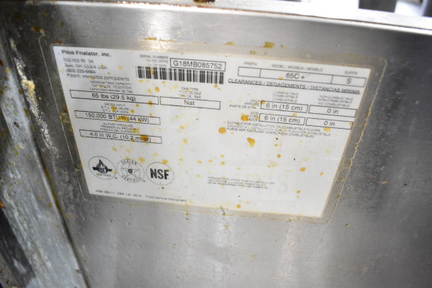 2018 Pitco Frialator 65C deep fryer tag showing model, 65 lb capacity, 150,000 BTU, natural gas, NSF certification.