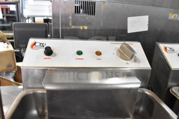 Cooking Performance Group DF-18-2 electric fryer control panel with power, hot, and reset indicators; 208/240V, 1 phase.