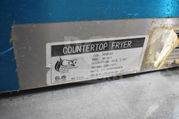 Cooking Performance Group DF-18-2 electric countertop fryer label, 30 lb capacity, dual tank, 208/240V, model 351EF302.
