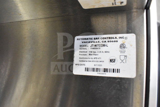 2025 Automatic Bar Controls JT-NITCOM-L stainless steel commercial cold brew nitro dispenser label detailing model, serial number, and electrical specifications.