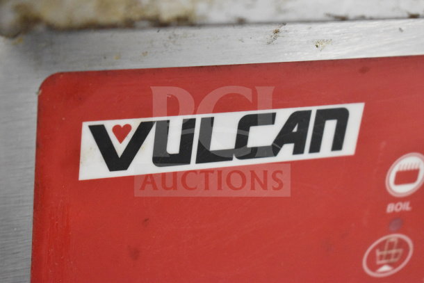 Vulcan 1ERD50 commercial deep fryer label close-up, showing brand logo and part of control panel.