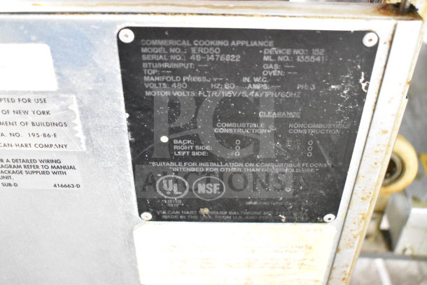 Vulcan 1ERD50 commercial electric fryer, 480V, 3-phase. Metal labels show model, serial number, and electrical specs.