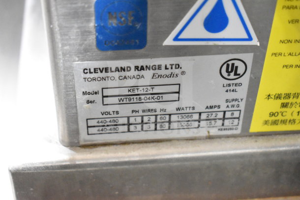 Cleveland KET-12-T 12 Gallon Tabletop Kettle label showing model, voltage, and certification marks.