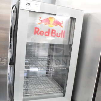 Vestfrost VC215028011 Red Bull Mini Cooler Merchandiser, 115V, 1 Phase, glass door, shelves, Red Bull logo, excellent condition.