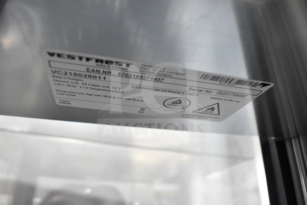 Vestfrost VC215028011 Red Bull Mini Cooler, 115V, 1 Phase, with label showing model details. Made in Hungary.