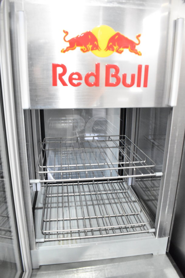Vestfrost VC215028011 Red Bull mini cooler merchandiser, stainless steel, dual interior shelves, 115V, used condition.