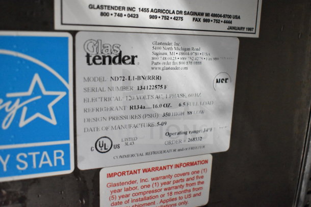 Glastender ND72-L1-BN back bar cooler label shows model, serial, voltage specs, refrigerant type, and warranty details.