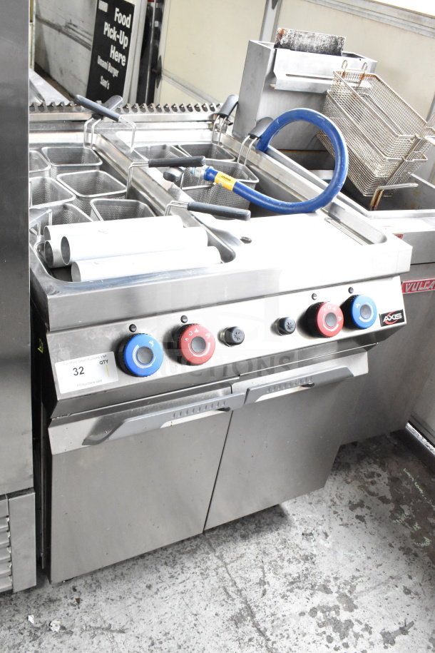 Axis AX-GPC2WB commercial pasta cooker, 21.2-gallon, natural gas, 100,000 BTU, stainless steel, two bays, control knobs.