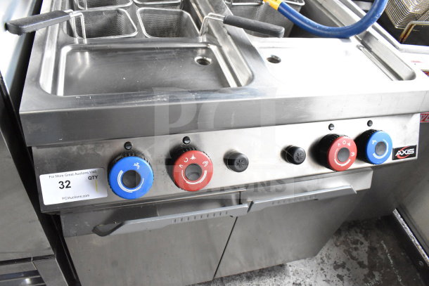 Axis AX-GPC2WB commercial pasta cooker, 21.2 gallons, natural gas, 100,000 BTU, two bay, stainless steel, control knobs shown.