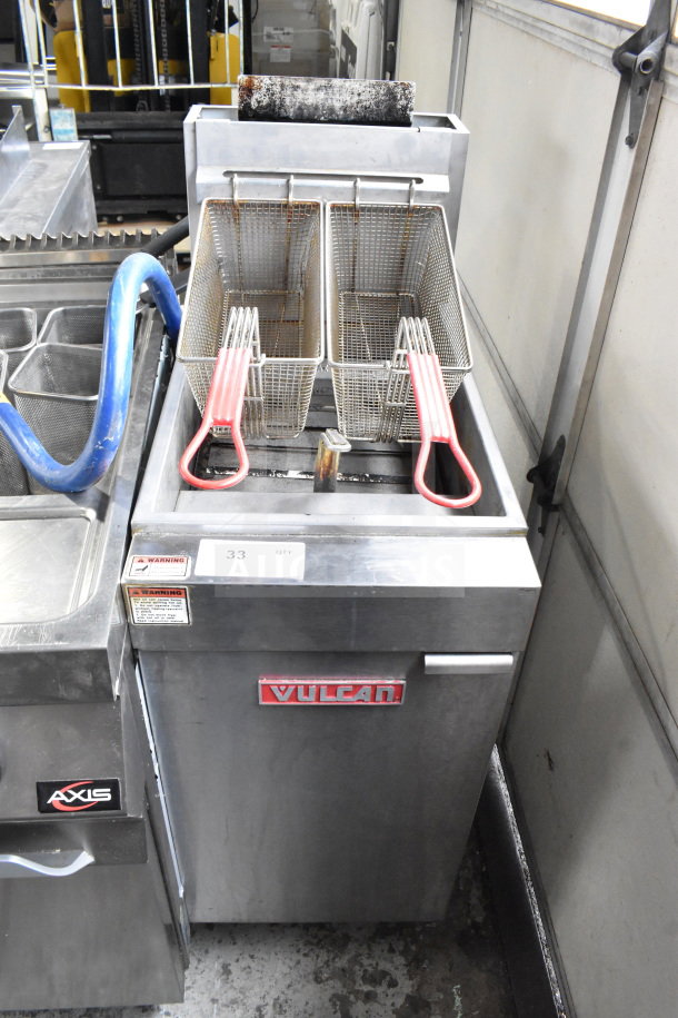 Vulcan LG300-5 commercial gas fryer, 90,000 BTU, dual baskets, stainless steel, floor style, with visible brand logo.