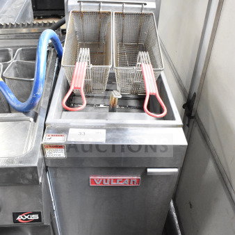 Vulcan LG300-5 commercial gas fryer, 90,000 BTU, dual baskets, stainless steel, floor style, with visible brand logo.