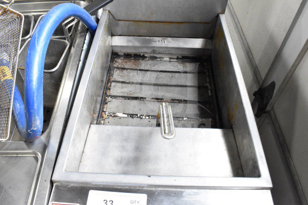 Vulcan LG300-5 commercial deep fat fryer, natural gas, 90,000 BTU, floor style, slightly worn condition, visible max fill indicator.
