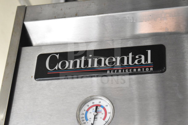 Continental 2R Commercial 2 Door Reach In Cooler with visible thermometer, 115 volts, 1 phase, stainless steel exterior.