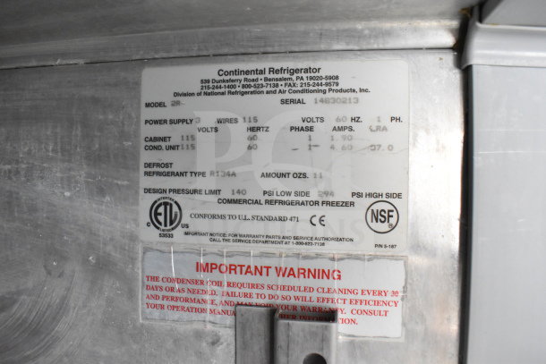Continental 2R Commercial 2 Door Reach In Cooler label showing model, voltage, and defrost details. 115 Volts, 1 Phase.