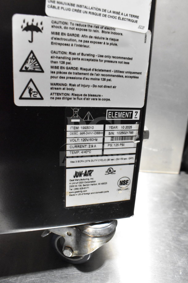 2025 Jun-Air 86R-3MN1-DSBHH stainless steel nitrogen generator on casters, 120V, 1 phase, label shows specs and warnings.