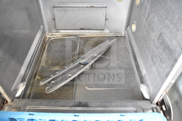 2017 Hobart LXER commercial dishwasher interior, stainless steel, used condition, model information visible.