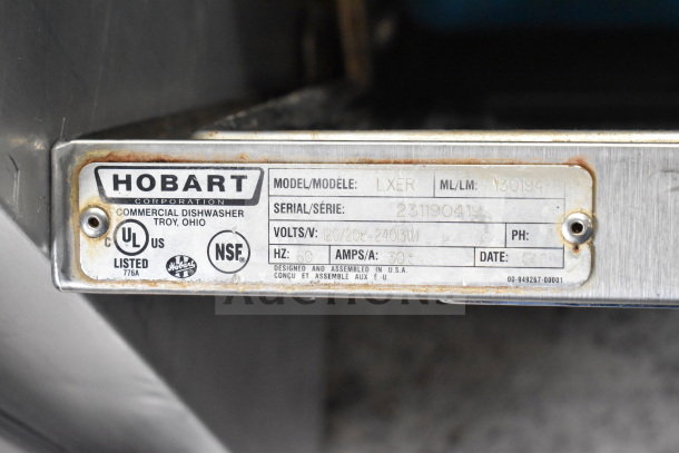 2017 Hobart LXER Commercial Dishwasher, 120/208-240V, 1 Phase. Serial #231190419. UL and NSF listed.