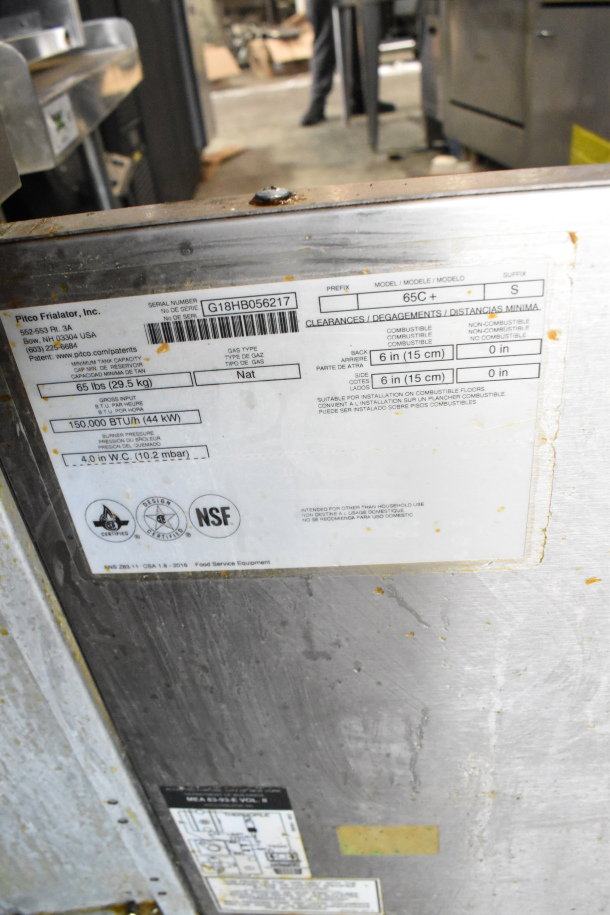 2018 Pitco Frialator 65C natural gas commercial fryer, 65 lb capacity, 150,000 BTU, on casters, serial tag visible.