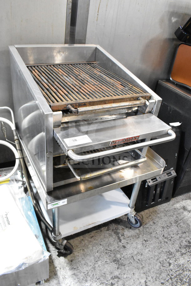 MagiKitch'n commercial countertop gas charbroiler with equipment stand, under shelf, and commercial casters.