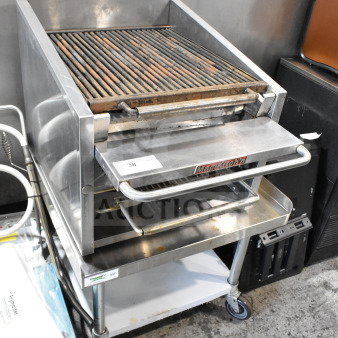 MagiKitch'n commercial countertop gas charbroiler with equipment stand, under shelf, and commercial casters.