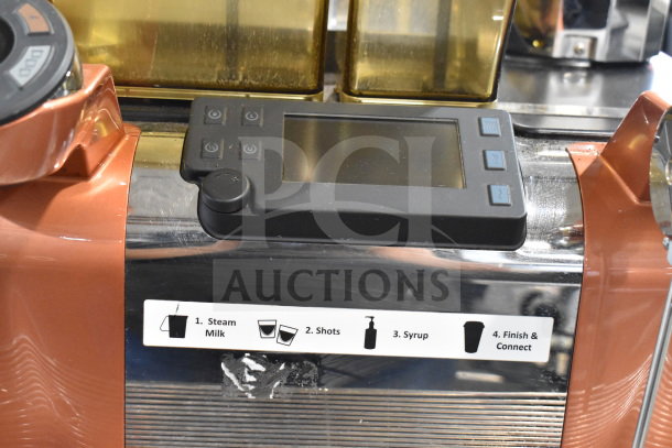 Thermoplan Mastrena M2-CS espresso machine, stainless steel, with LCD display, labeled controls, and steam wand.