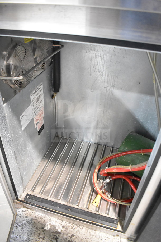 Glastender KC60-L1-BSH kegerator interior view, stainless steel design, visible cooling fans, and beer lines. 115 Volts, 1 Phase.