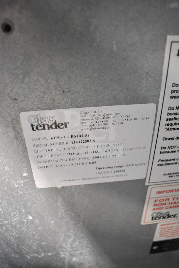 Glastender KC60-L1-BSH kegerator label showing model, serial number, electrical specs, refrigerant type, and manufacture date.