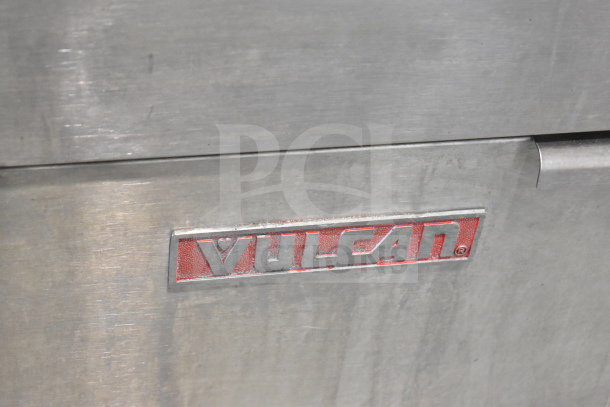 Vulcan LG400-1 commercial deep fryer, stainless steel finish, visible Vulcan logo. 120,000 BTU, natural gas powered.