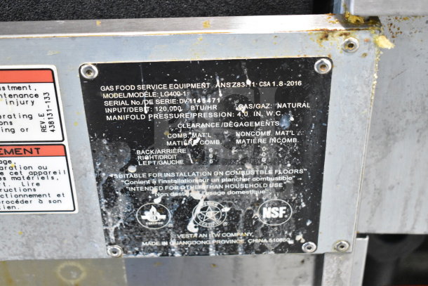 Vulcan LG400-1 deep fryer label showing model, serial number DV1145471, 120,000 BTU input, and installation details.