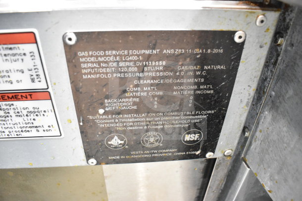Vulcan LG400-1 deep fat fryer, natural gas, 120,000 BTU. Metal label shows specs and compliance marks. NSF certified.