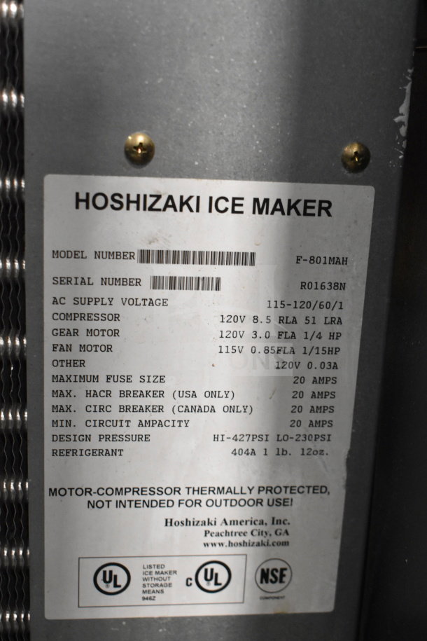 Hoshizaki F-801MAH flaker ice machine head, 115-120V, 1 phase, model label visible with specifications.