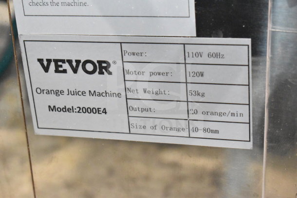 Vevor 2000E4 Commercial Citrus Juicer, 110V, 120W, processes 20 oranges/min, handles 40-80mm size. Model details visible.