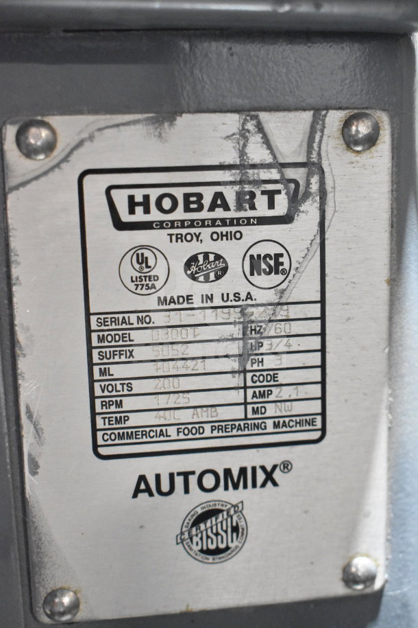 Hobart D300T Commercial 30 Quart Dough Mixer label showing model details and specifications. 200 Volts, 3 Phase.