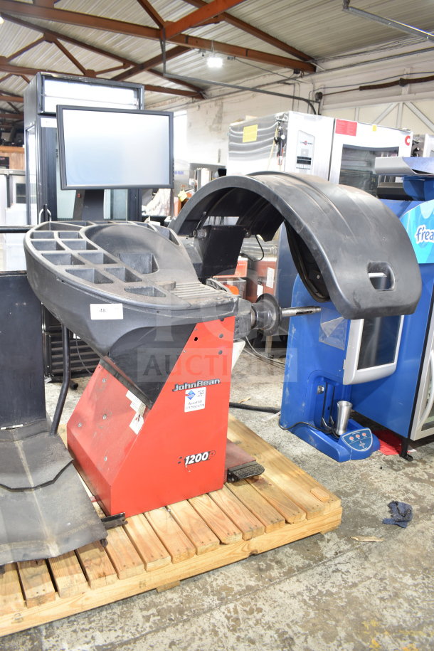 JohnBeam 1200P Commercial Floor Style Balancer, 230V, 1 Phase, in used condition, showing model label and control panel.