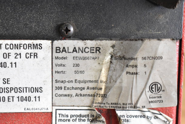JohnBeam 1200P Commercial Floor Style Balancer label showing 230V, 1 Phase, model EEWB567AP7, Snap-on Equipment Inc.
