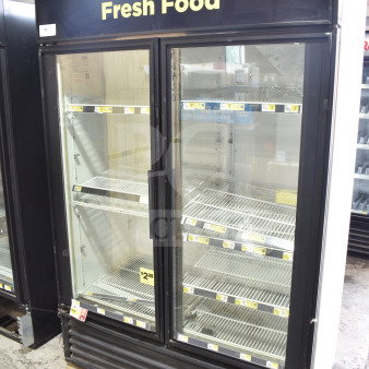 True GDM-49 commercial 2-door reach-in cooler, tested and working, 115 volts, 1 phase, interior shelves, "Fresh Food" label.