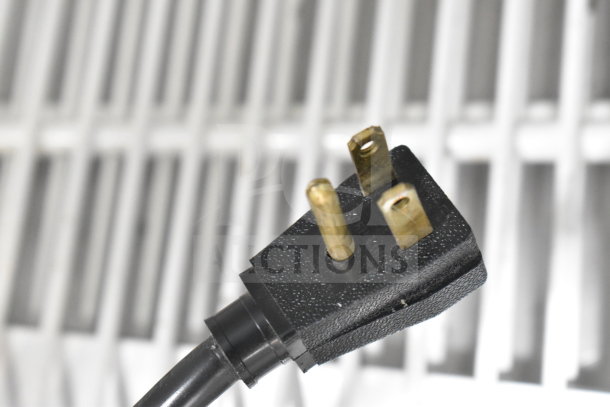 Power plug for True GDM-49 Commercial Cooler, 115 volts, 1 phase. Close-up detail with prongs visible, indicating electrical compatibility.