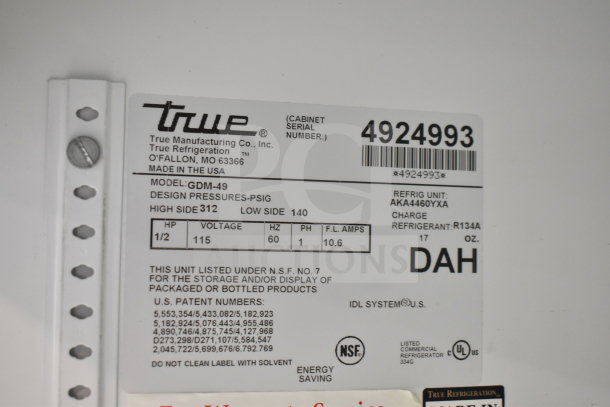 True GDM-49 Cooler label showing model, voltage 115V, refrigerant R134A, phase 1, made in USA. Tested and working.