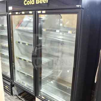 2019 True GDM-49-HC commercial 2-door reach-in cooler, 115 volts, 1 phase, black exterior, shelves visible, tested and working.