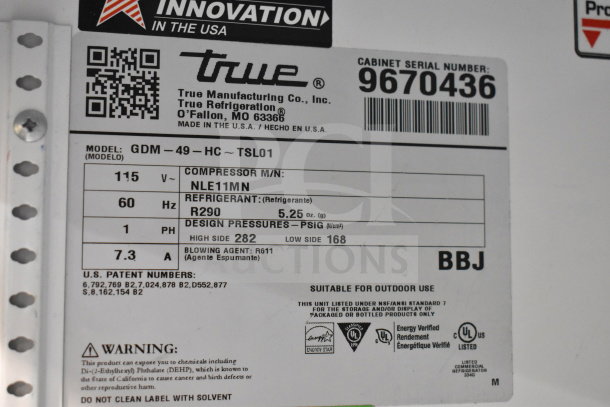 2019 True GDM-49-HC 2-door cooler, 115V, 1 phase, tested and working. Serial 9670436, compressor NLE11MN, refrigerant R290.