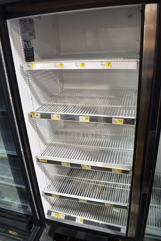2019 True GDM-49-HC commercial 2-door reach-in cooler merchandiser, 115V, 1 phase, tested and working, shelves visible.