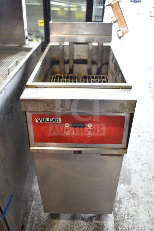 Vulcan 1ERD50 commercial deep fryer, electric, floor style, 480V, 3-phase, on casters, visible wear, red control panel.